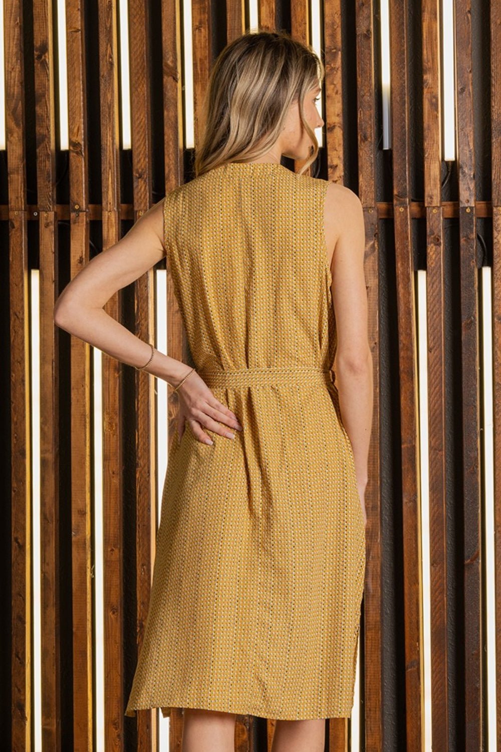 Printed Sleeveless Knee Length Dress with Pockets in Mustard BlueKnee-Length DressSew In Love