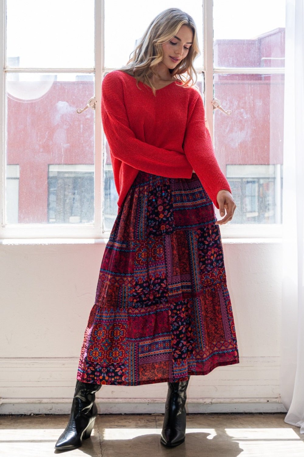 Printed Tiered Maxi Skirt in RedMaxi SkirtODDI