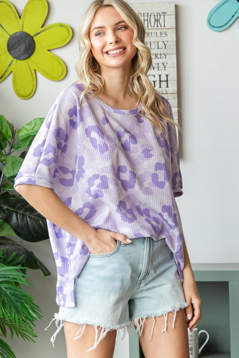 Printed Waffle Knit Oversized T-Shirt in LavenderT-ShirtHOPELY