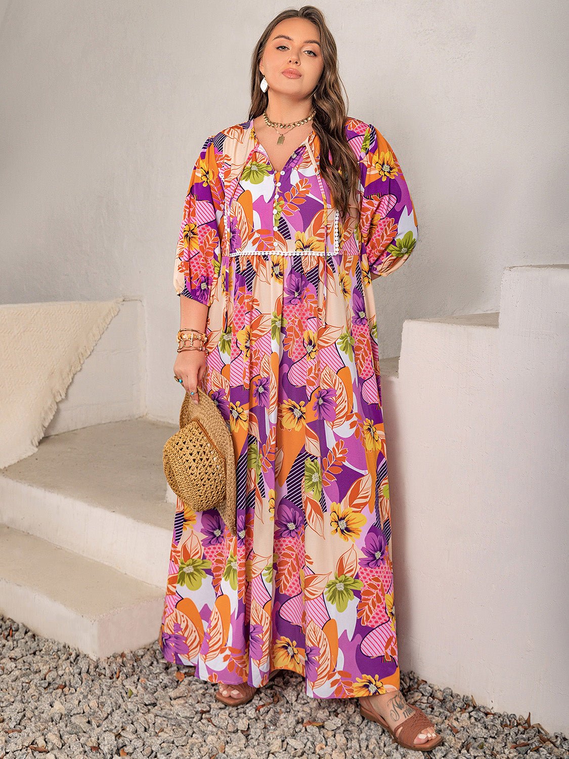 Beach Rose Co.Plus Size Tropical Print Tie Neck Maxi Dress