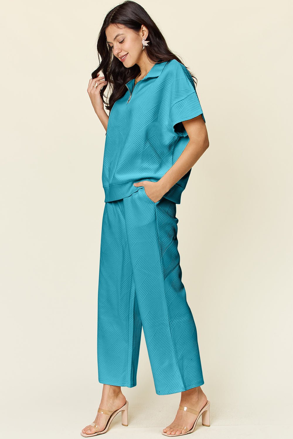 Double TakeTextured Half Zip Short Sleeve Top and Pants Set