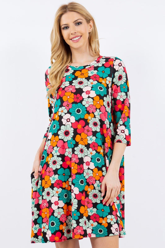 Celeste DesignBlack Floral Three - Quarter Sleeve Mini Dress with Pockets