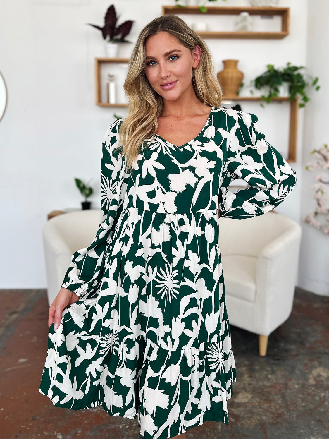 Double TakeFloral Print Ruffle Hem Long Sleeve Knee - Length Dress