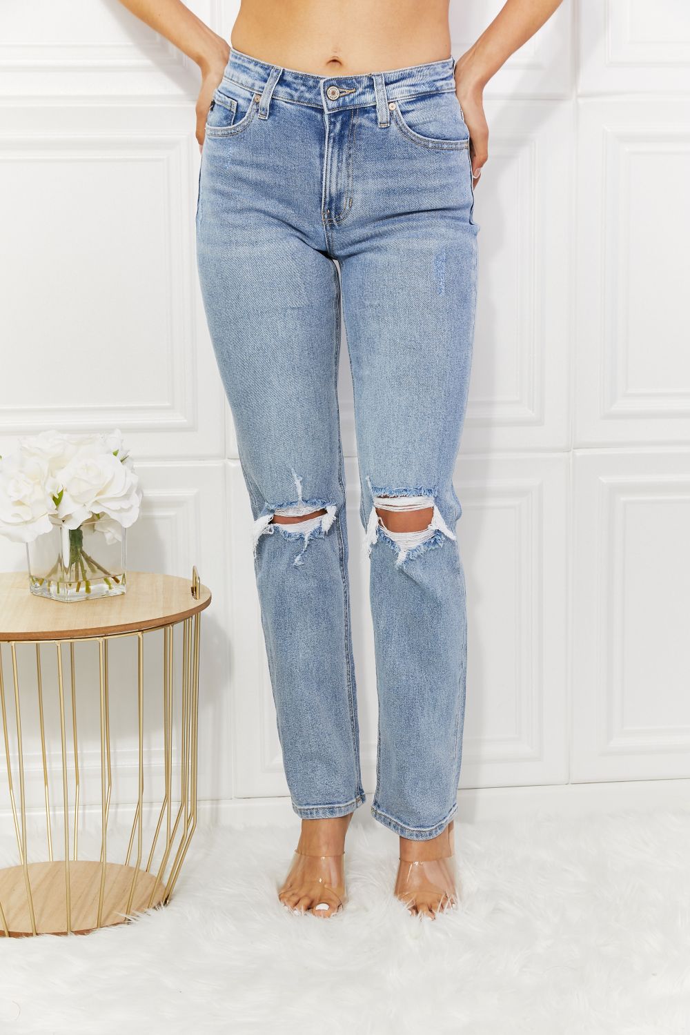 KancanLight Wash High Rise Distressed Straight Jeans