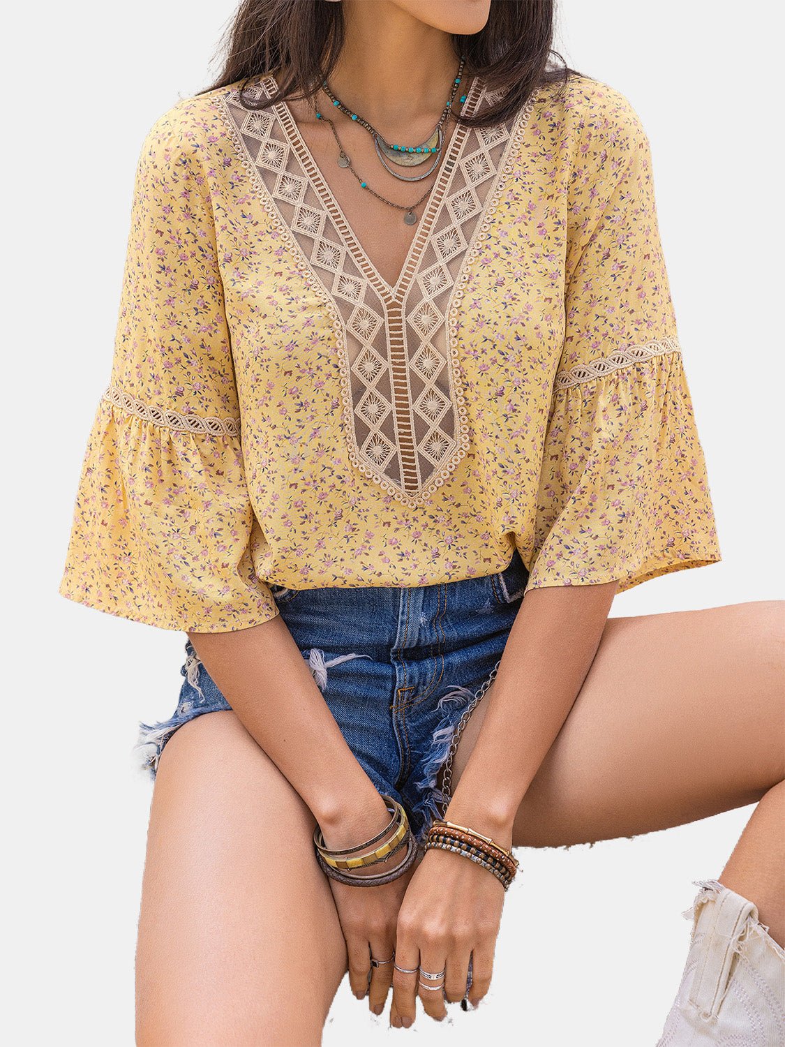 TrendsiDitsy Floral V - Neck Blouse in Pastel Yellow