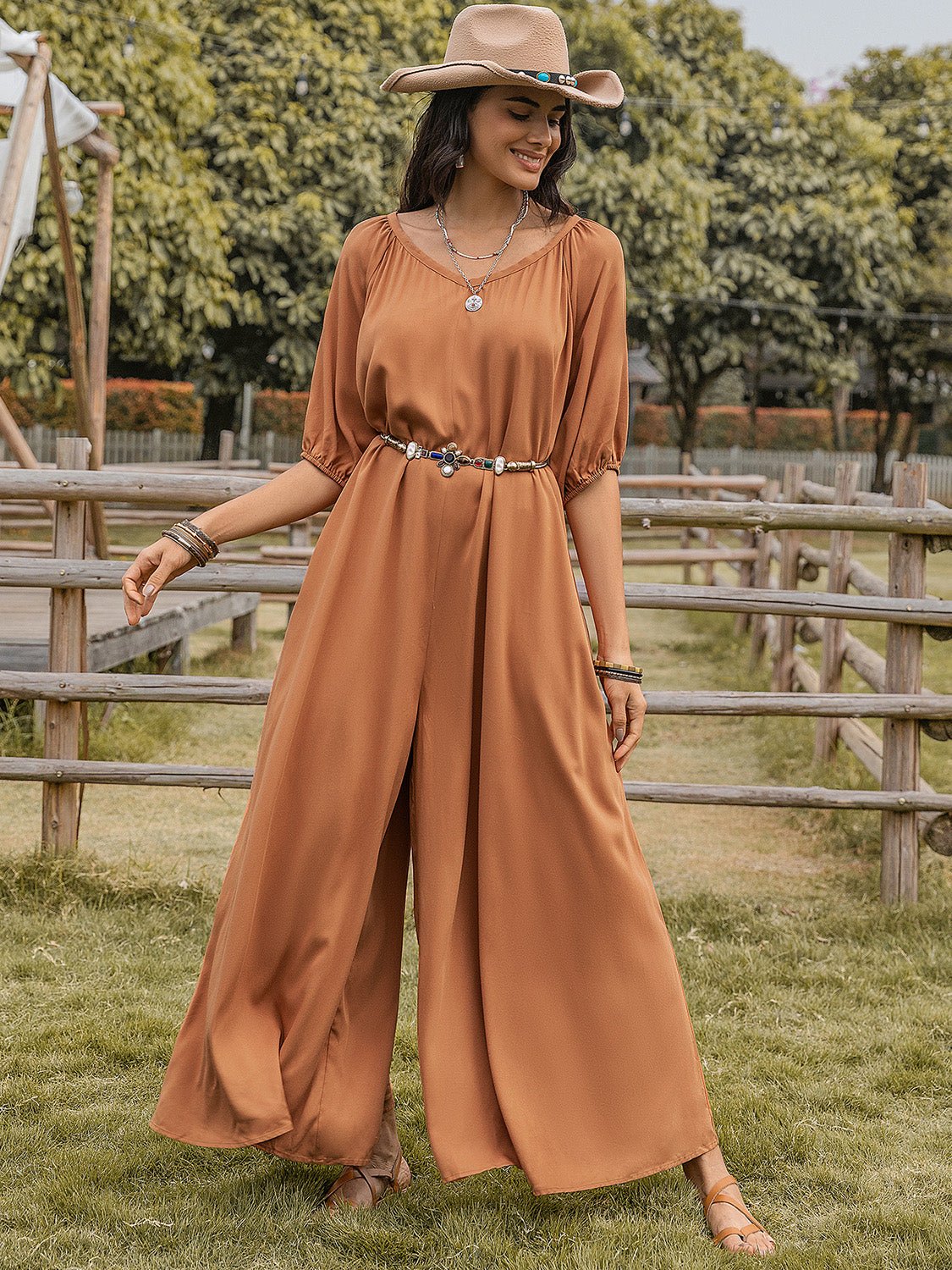 Beach Rose Co.Scoop Neck Half Sleeve Wide Leg Jumpsuit in Caramel