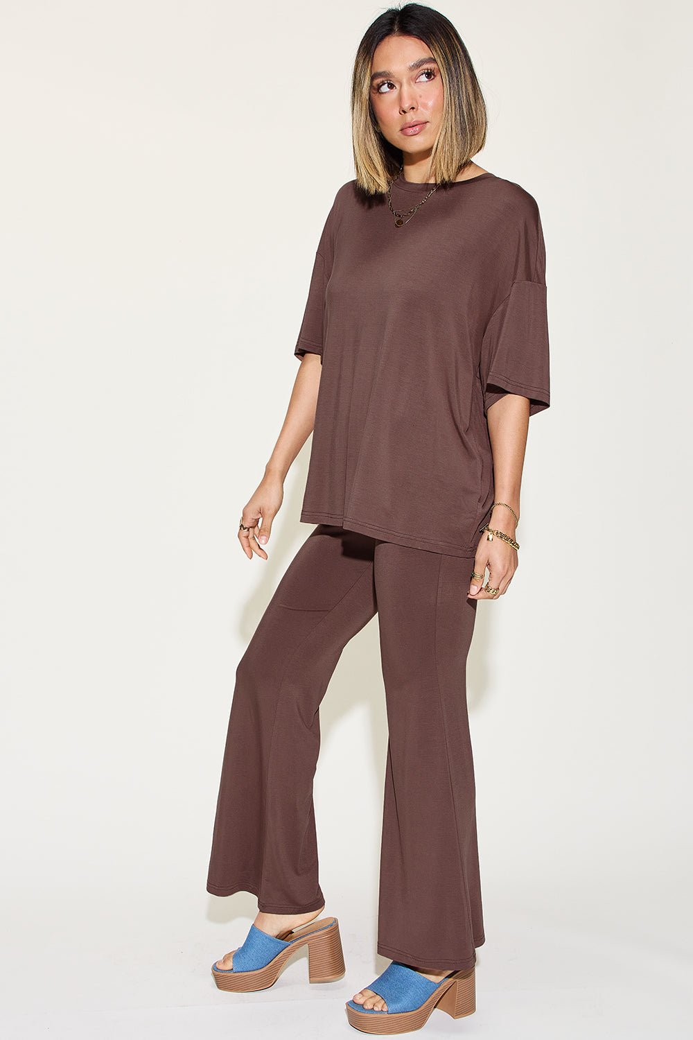 Basic BaeDrop Shoulder T - Shirt and Flare Pants Set