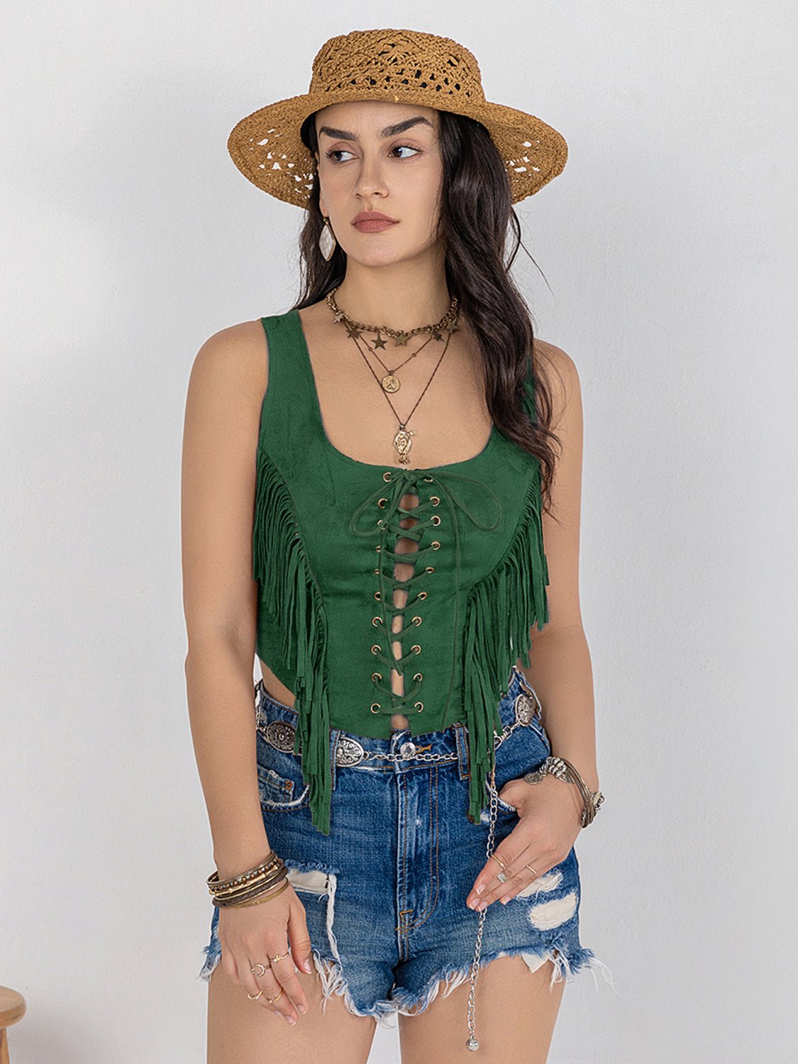 Beach Rose Co.Lace - Up Sleeveless Fringe Vest in Dark Green