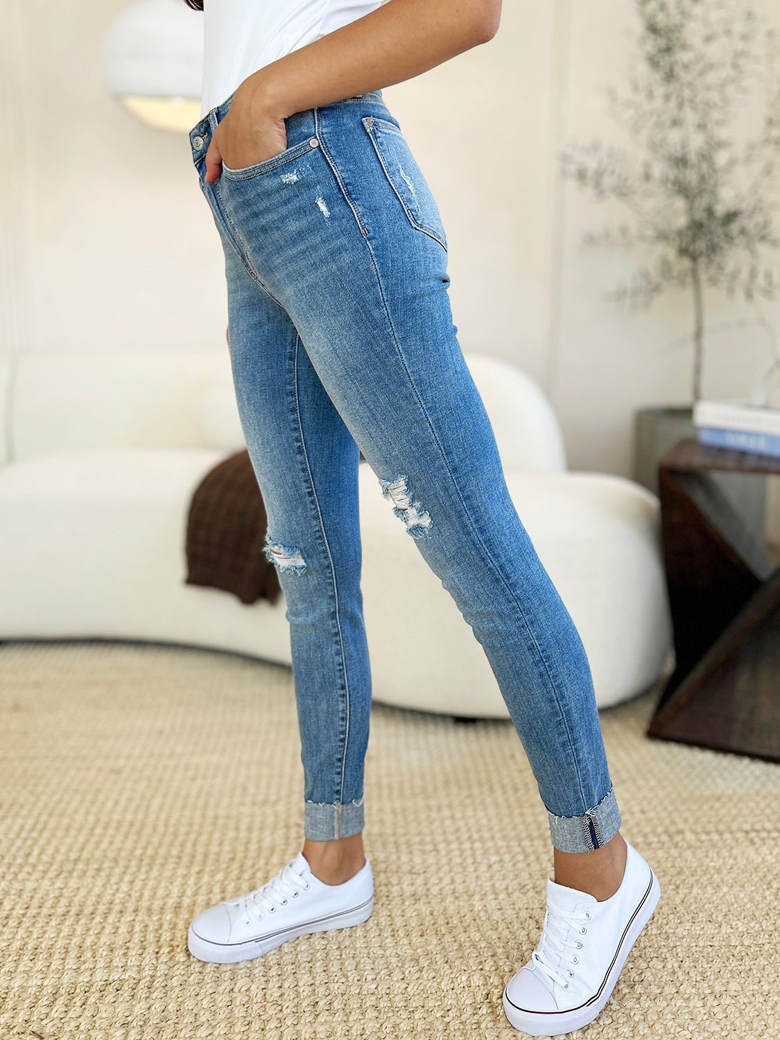 Judy BlueMedium Wash Mid Rise Destroyed Cuffed Skinny Jeans