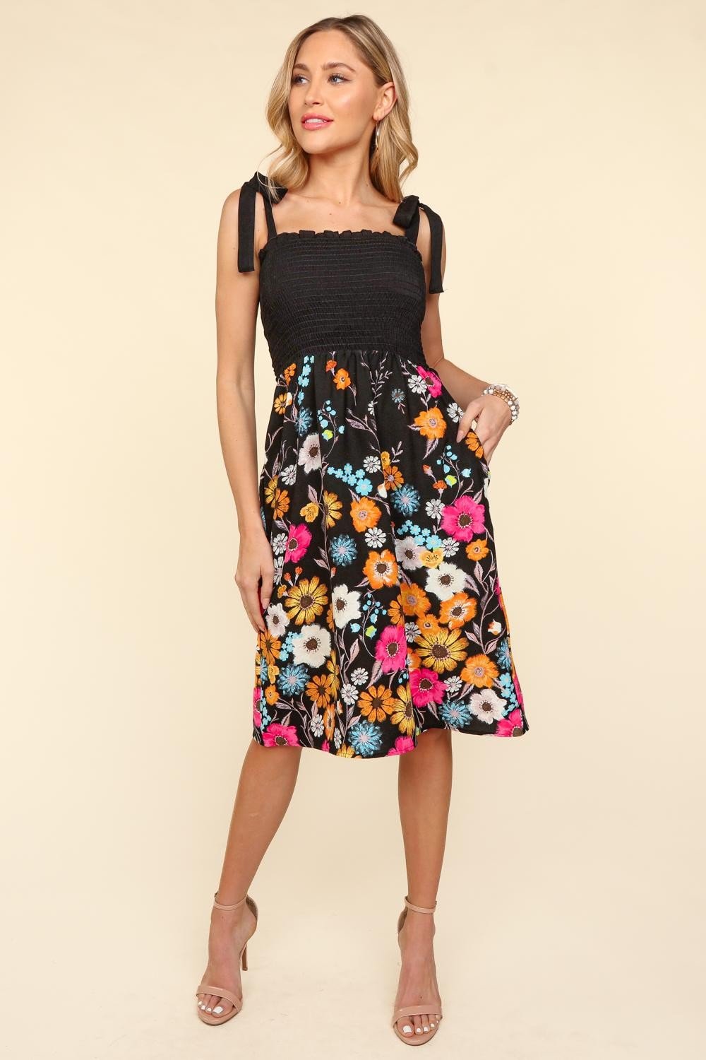 HapticsSmocked Floral Midi Cami Dress in Black