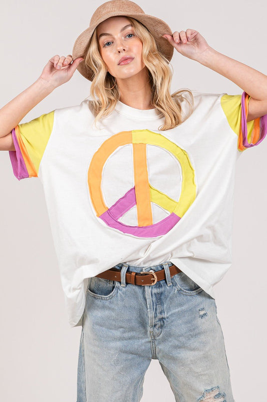 SAGE+FIGMulticolor Color Block Peace Sign Applique T - Shirt