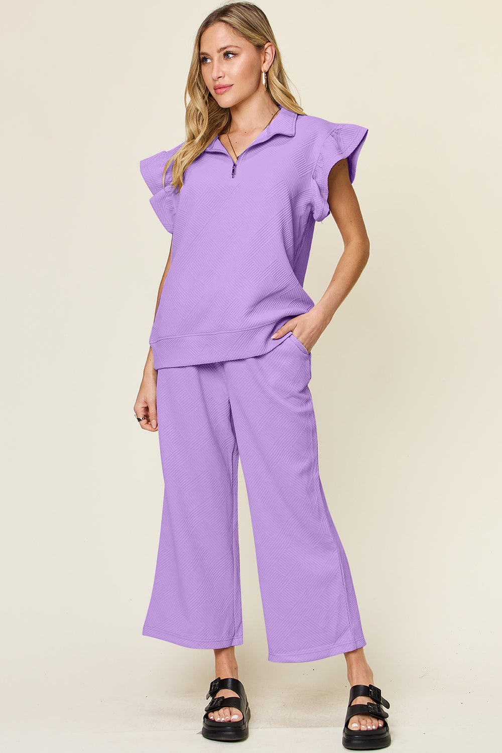 Double TakeTextured Ruffle Short Sleeve Top and Drawstring Wide Leg Pants Set