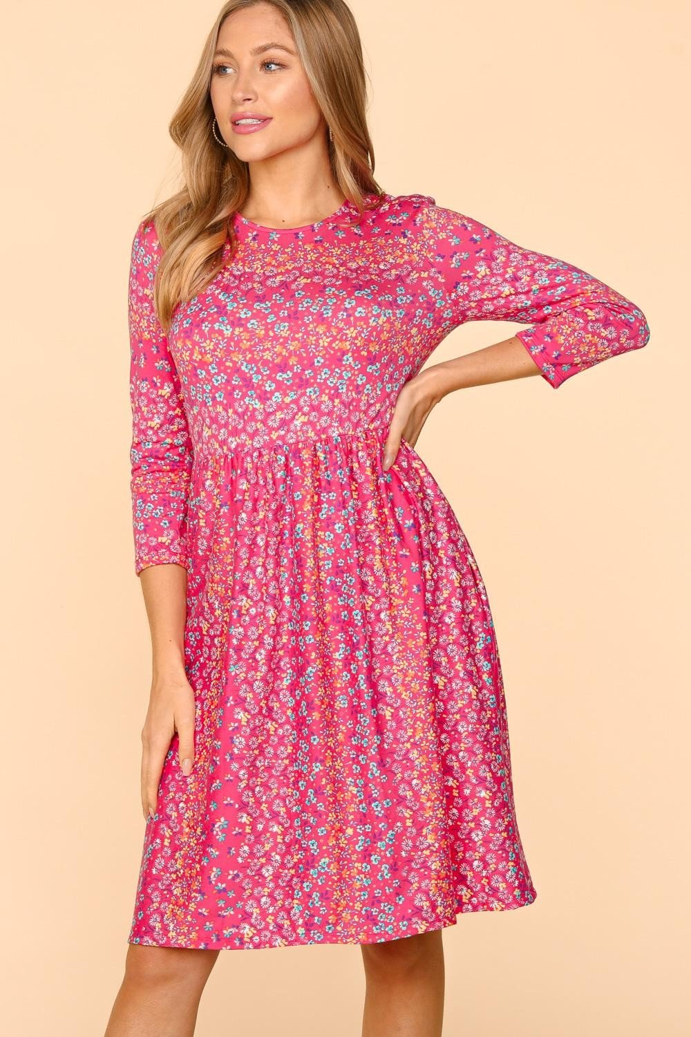 HapticsThree - Quarter Sleeve Floral Midi Dress with Pockets in Fuchsia