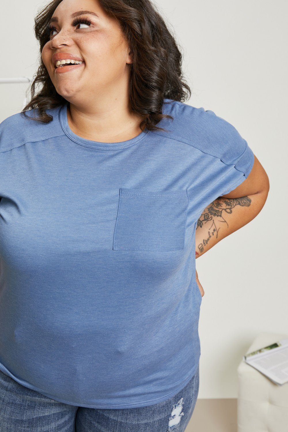 Sew In LoveExposed Seam Crew Neck Short Sleeve T - Shirt in Denim Blue