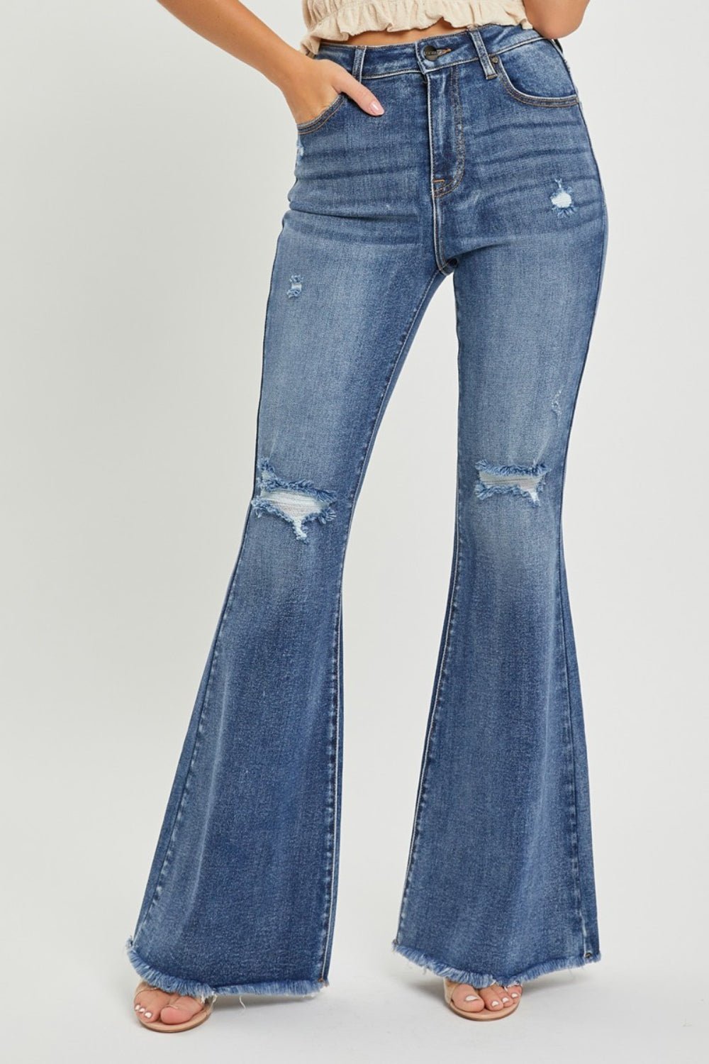 RISENMedium Wash High Waist Distressed Flare Jeans