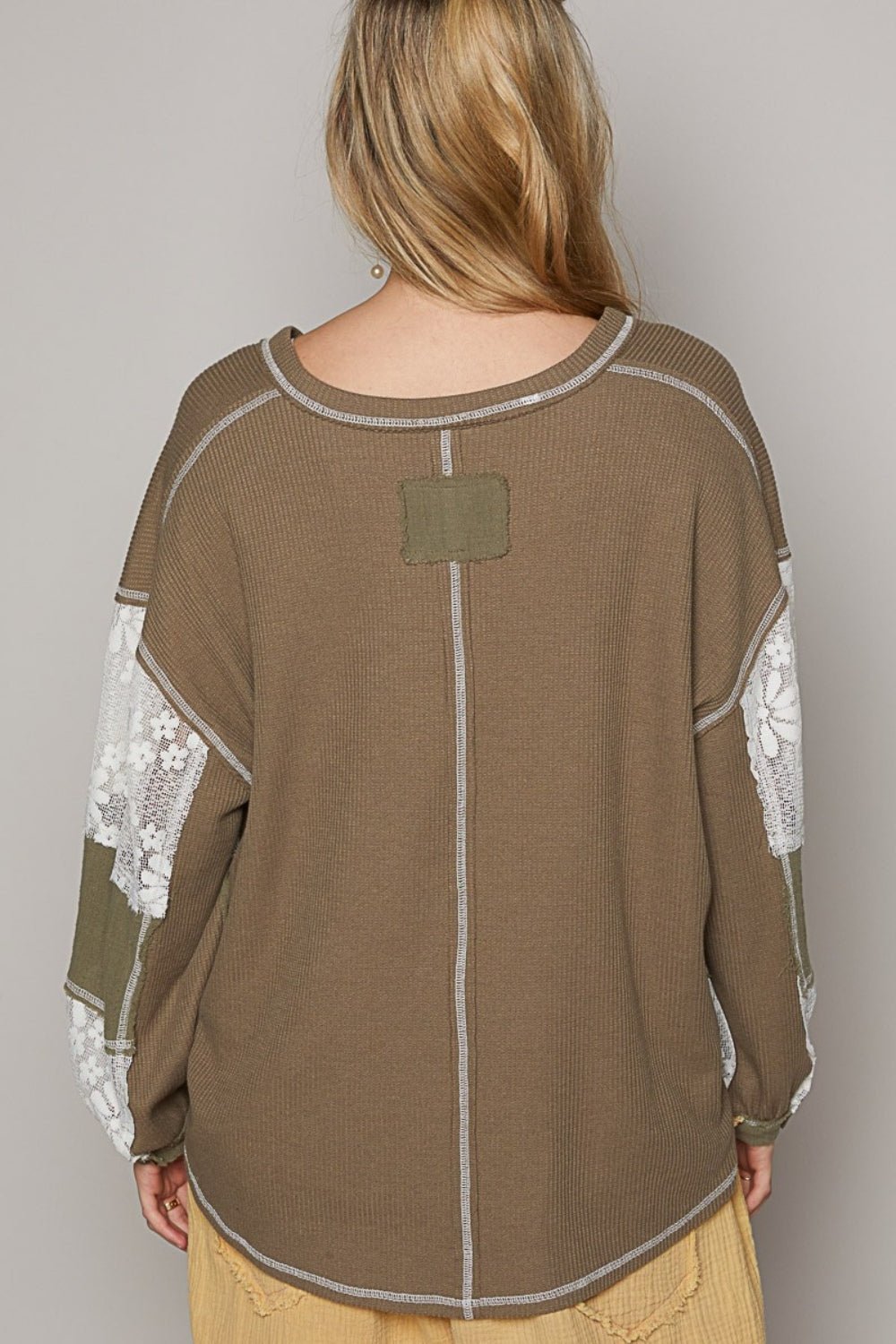 POLV - Neck Lace Detail Long Sleeve Exposed Seam Top in Khaki Olive