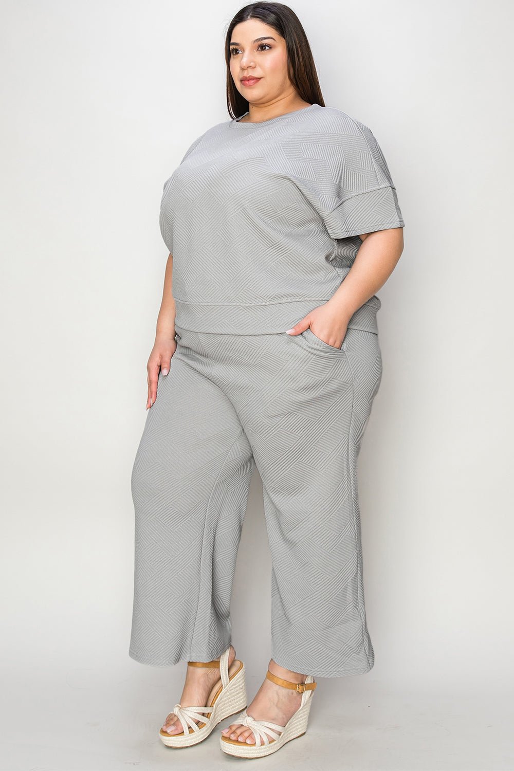 Double TakeTextured Short Sleeve Top and Pants Set