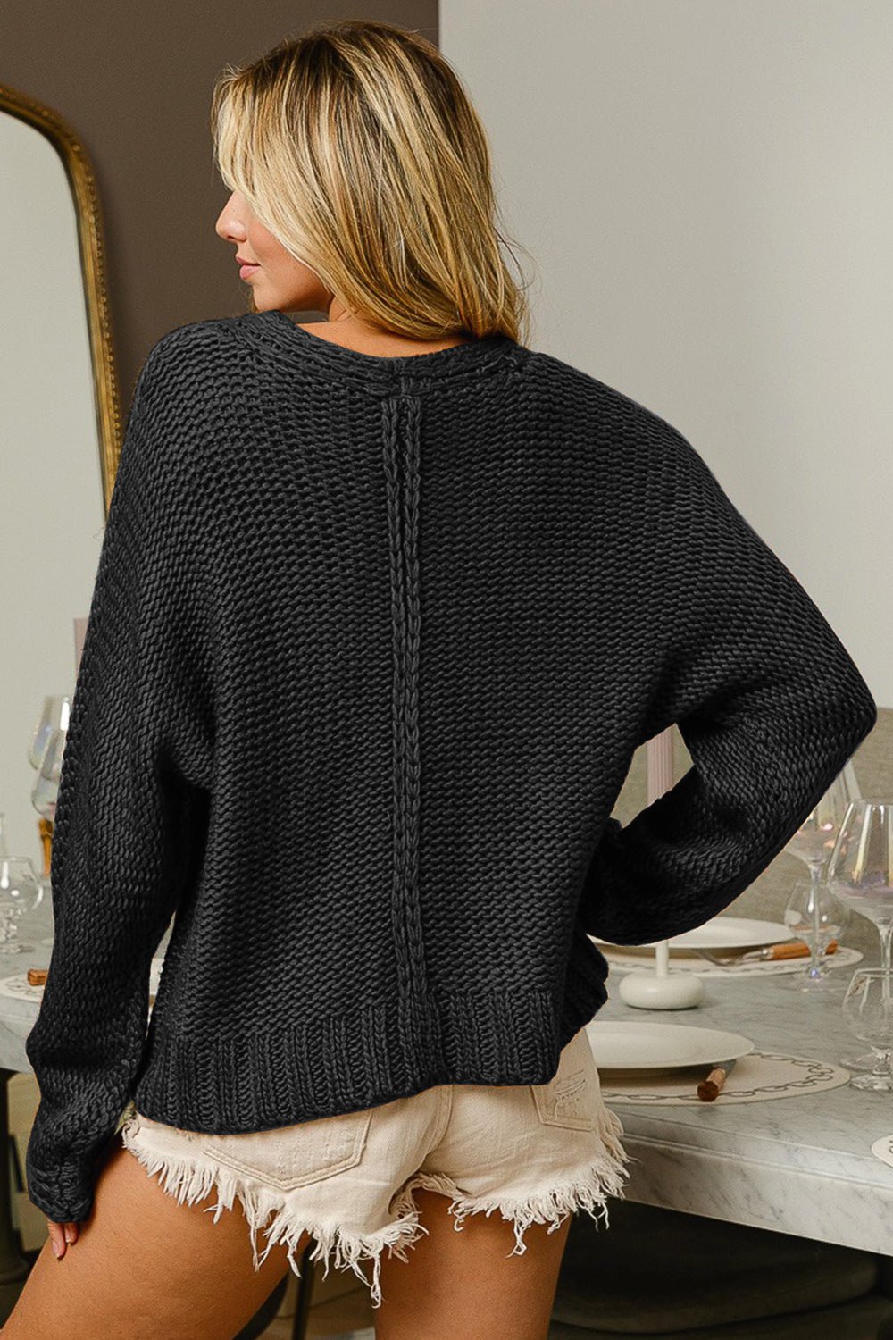 BiBiV - Neck Cable Knit Sweater in Black