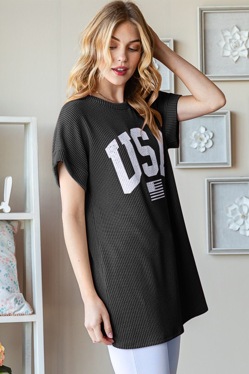 HeimishUSA Graphic Short Sleeve Rib Knit Top in Black