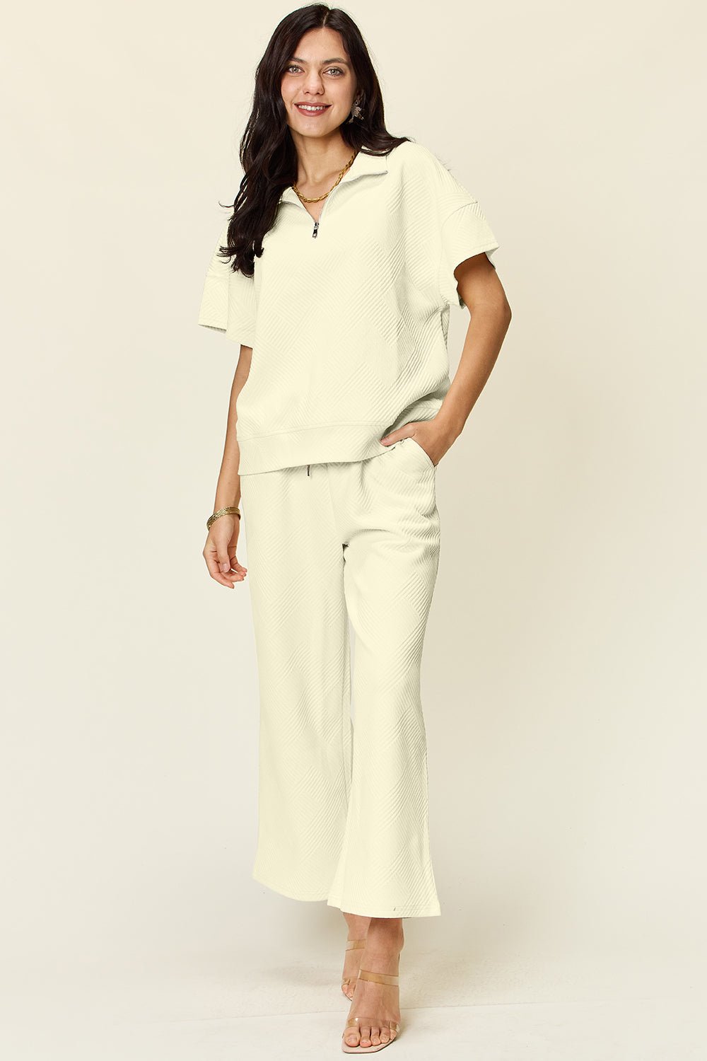 Double TakeTextured Half Zip Short Sleeve Top and Pants Set