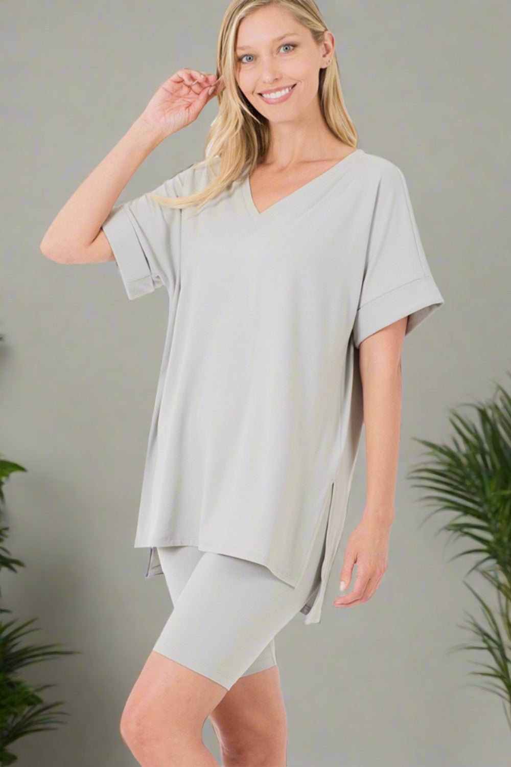 ZenanaV - Neck Short Sleeve Tunic T - Shirt and Shorts Set in Light Grey