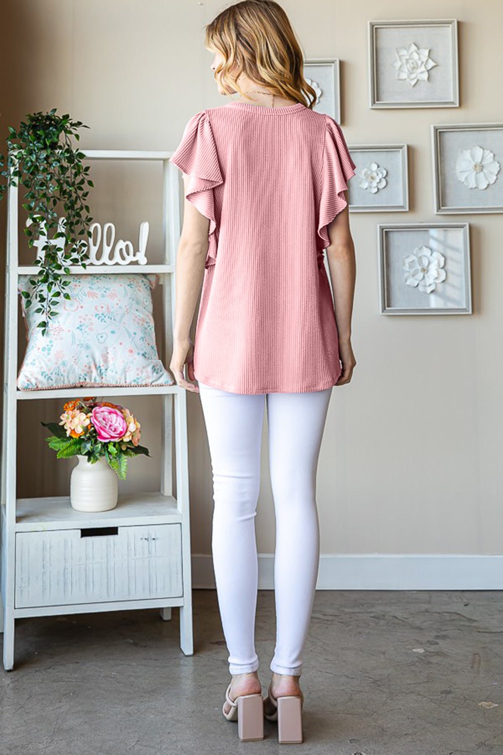 HeimishRuffled Sleeve Rib Knit Top in Mauve