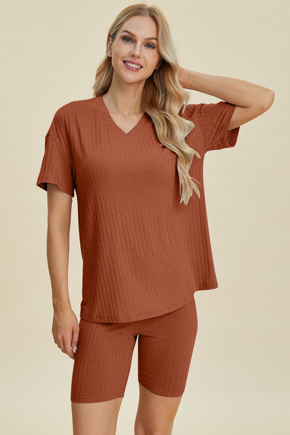 Basic BaeRib Knit V - Neck Short Sleeve Top and Shorts Set