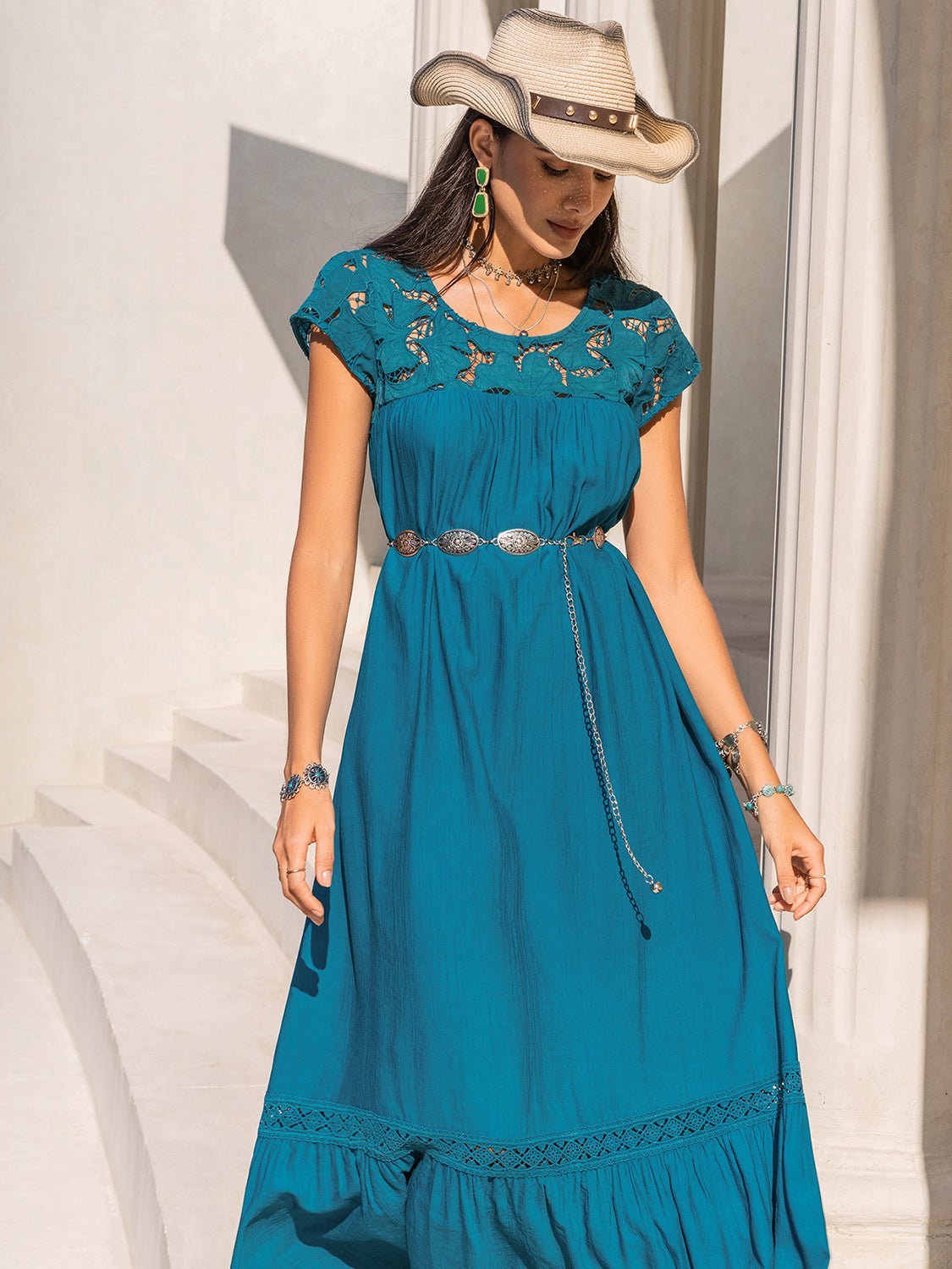 Beach Rose Co.Lace Yoke Short Sleeve Maxi Dress in Sky Blue