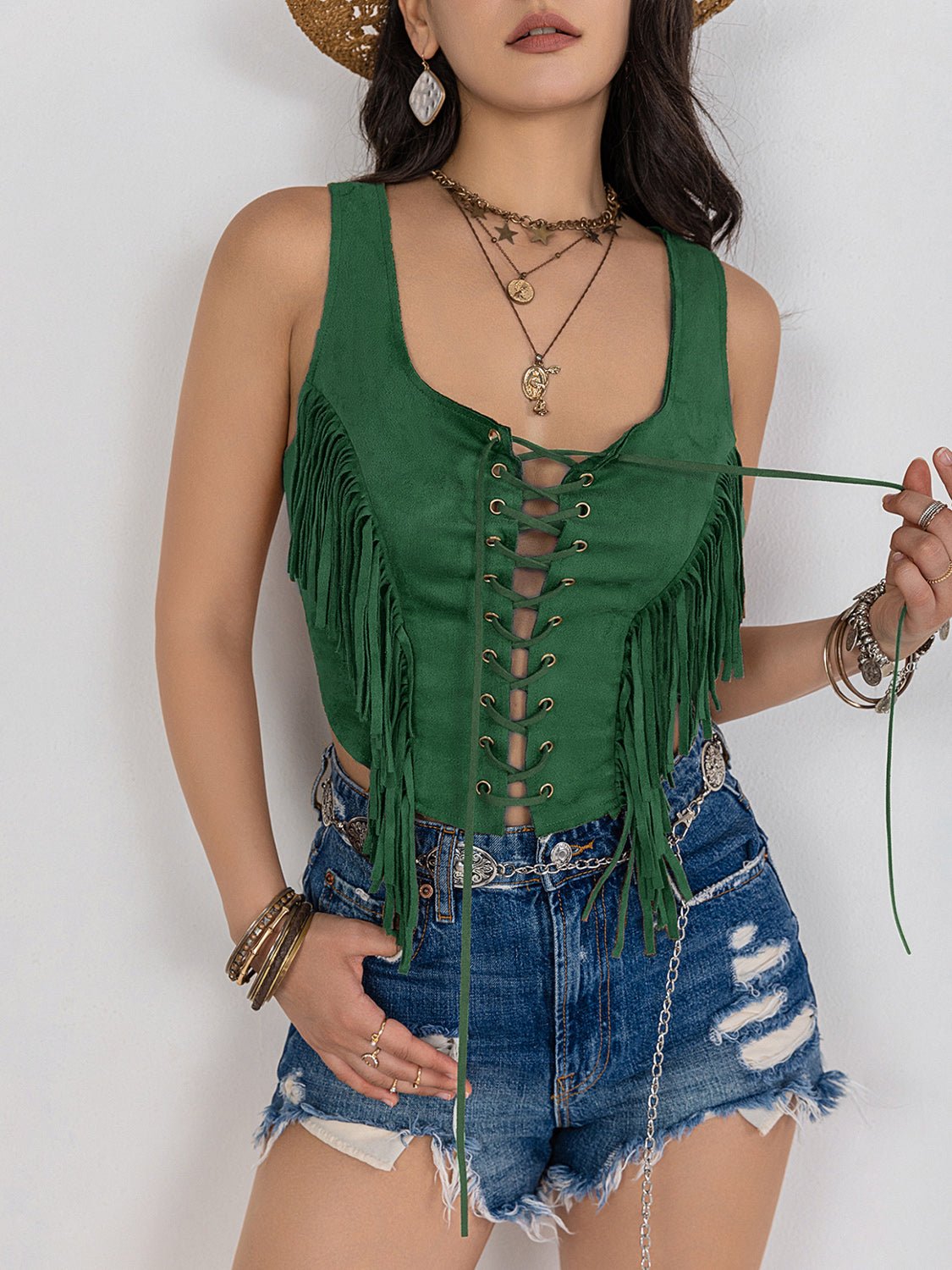 Beach Rose Co.Lace - Up Sleeveless Fringe Vest in Dark Green