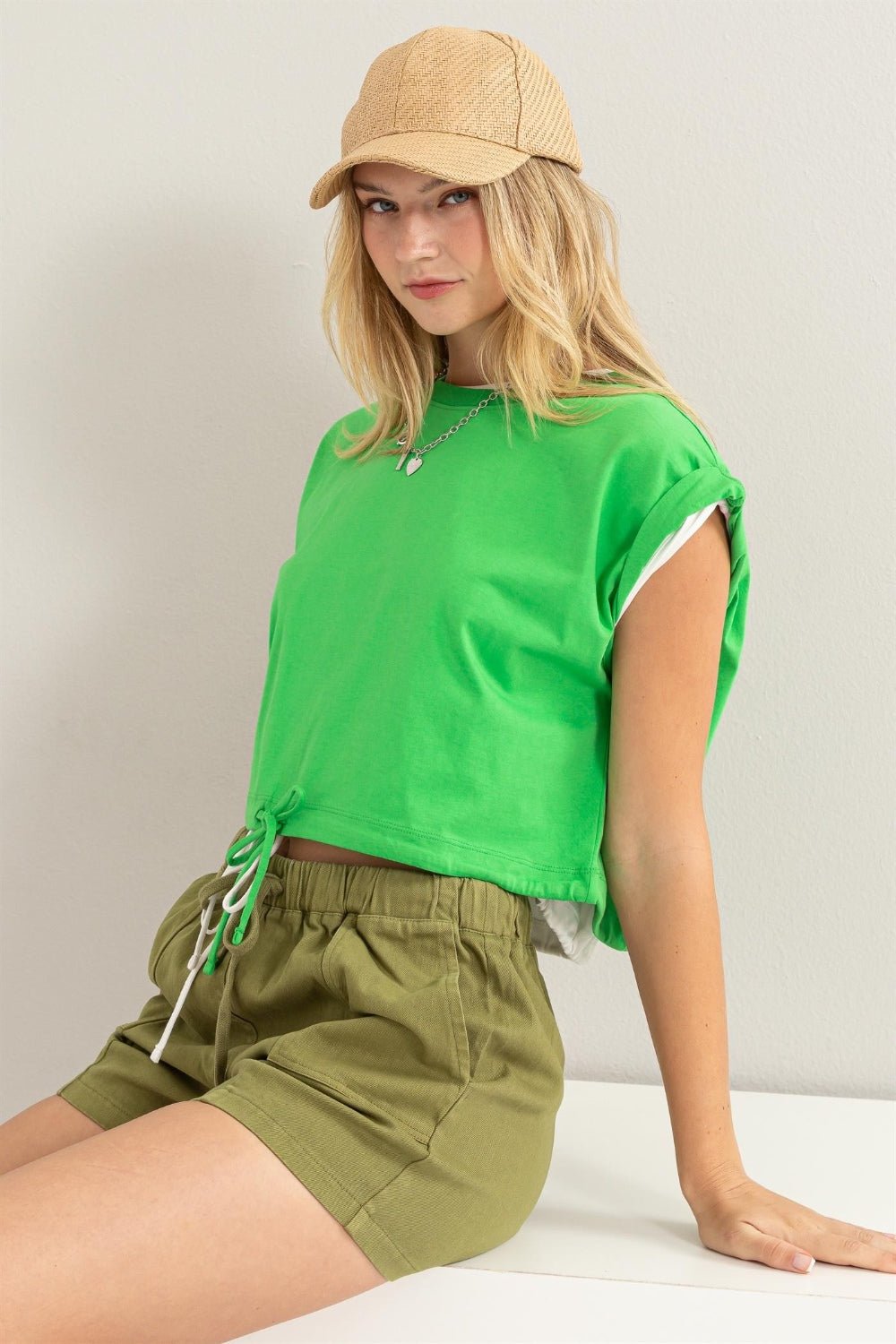 HYFVECap Sleeve Drawstring Hem Crop Top in Green