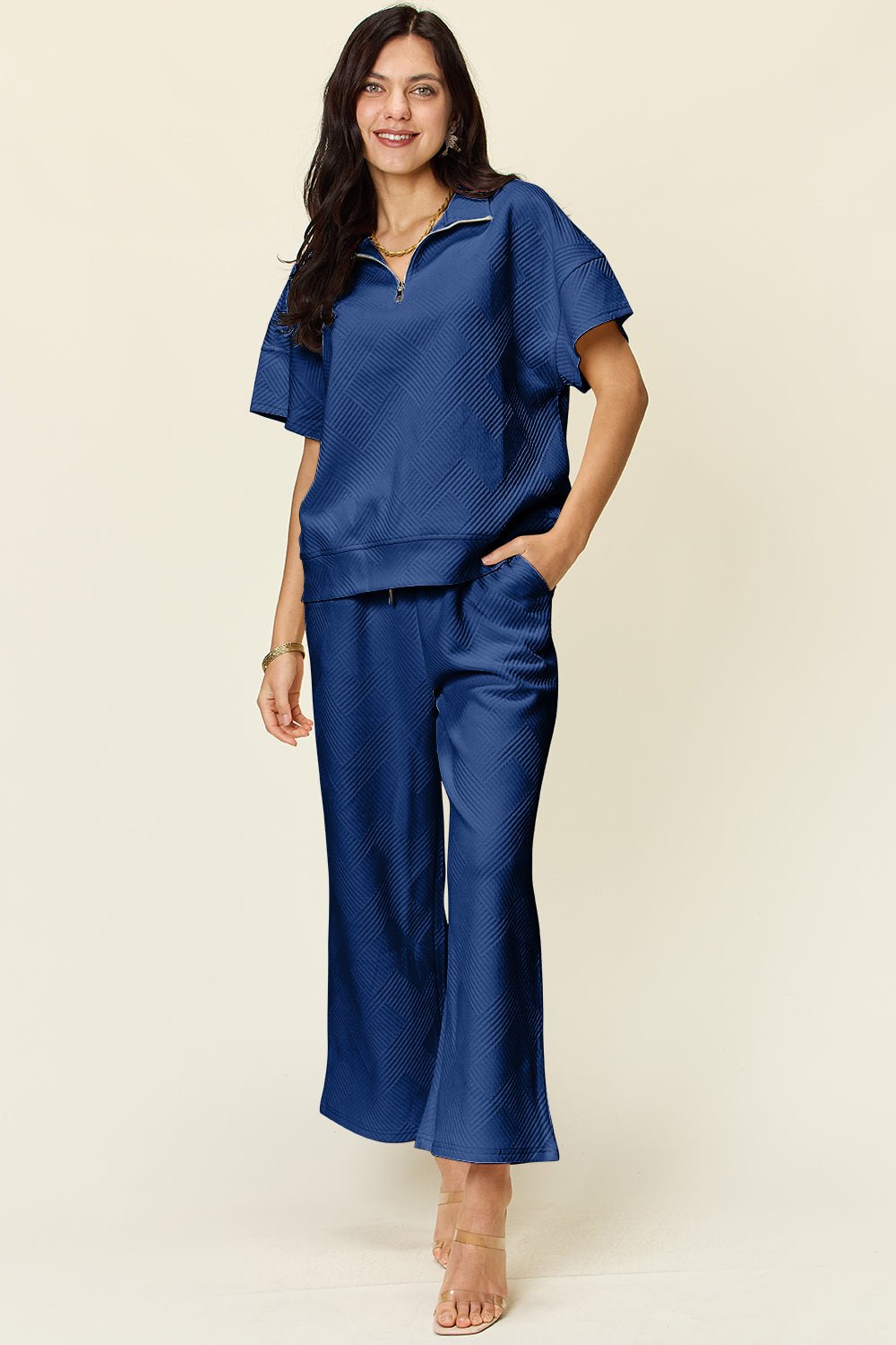 Double TakeTextured Half Zip Short Sleeve Top and Pants Set