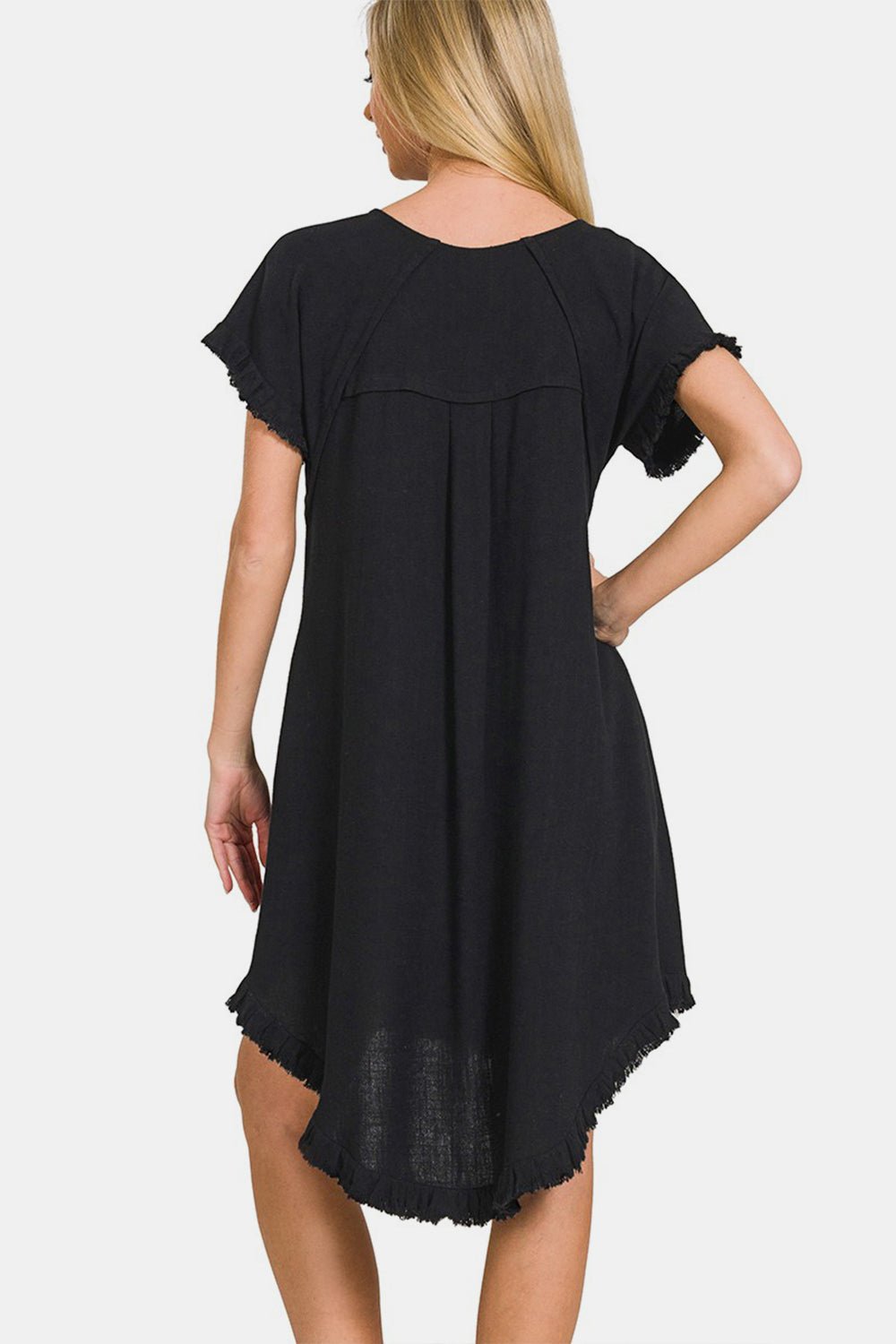 ZenanaFringe Edge High Low Flowy Mini Dress with Pockets in Black