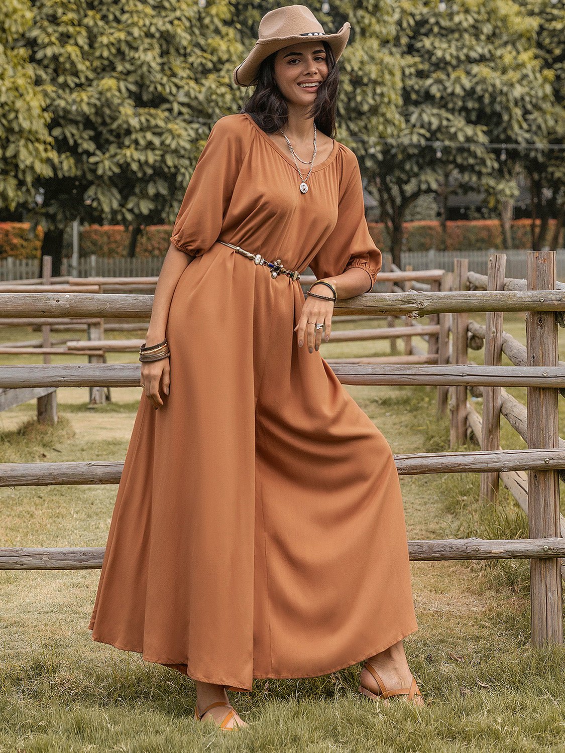 Beach Rose Co.Scoop Neck Half Sleeve Wide Leg Jumpsuit in Caramel