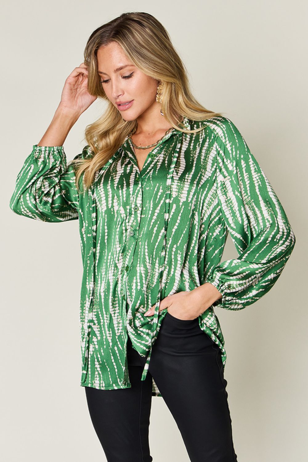 Double TakePrinted Button Up Long Sleeve Shirt