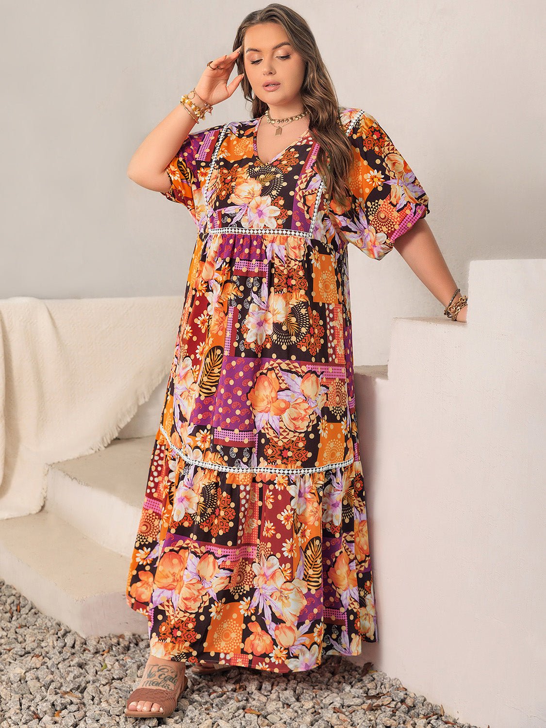 Beach Rose Co.Plus Size Patchwork Polka Dot Print V - Neck Half Sleeve Maxi Dress