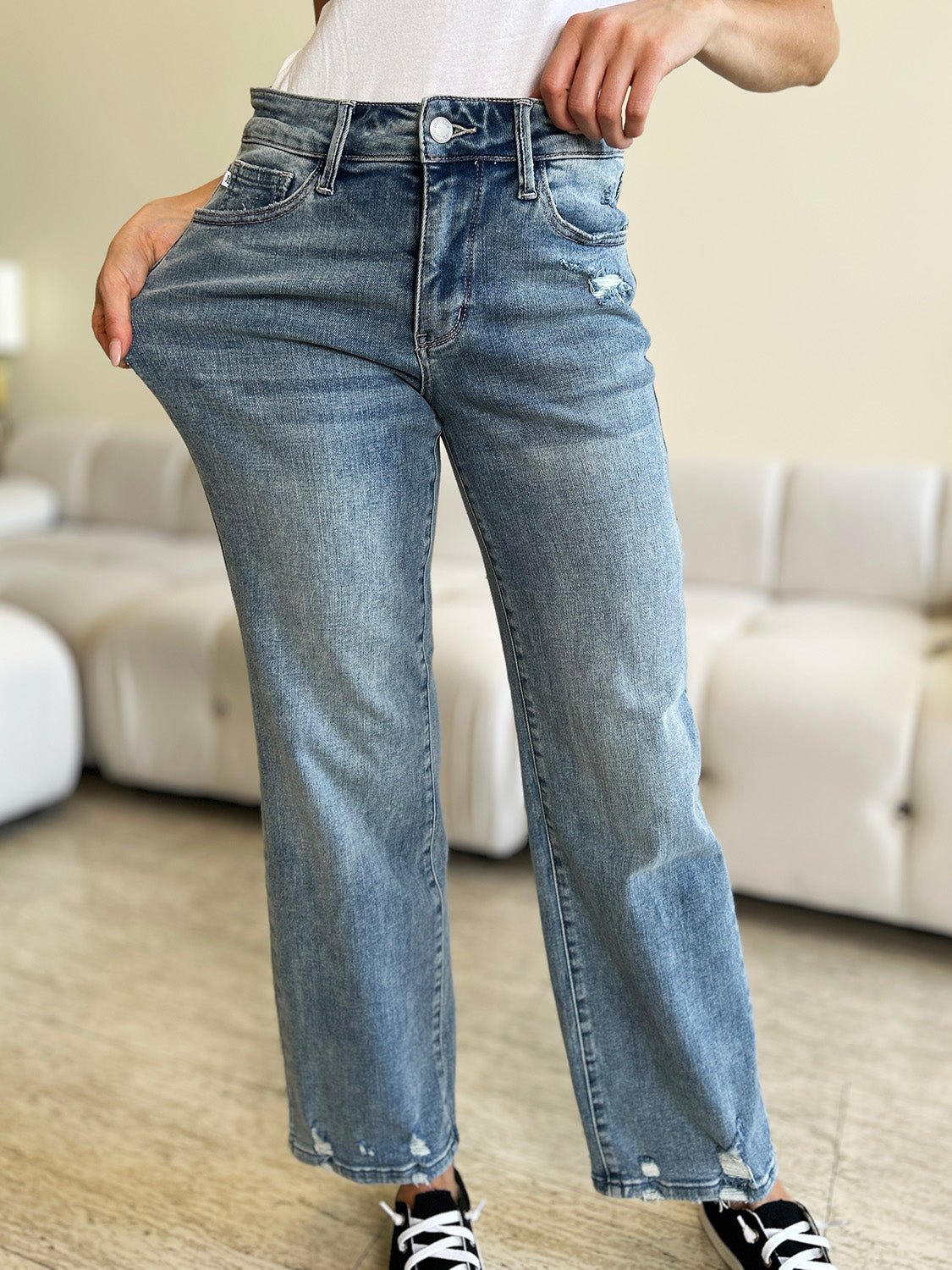 Judy BlueMedium Wash High Waist Distressed Straight Leg Jeans