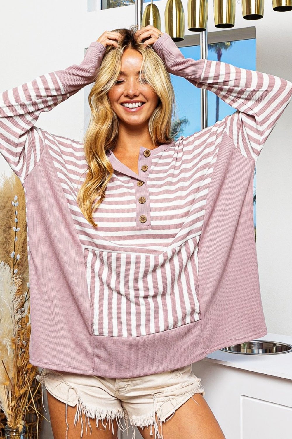 BiBiStriped Thumbhole Sleeve Top in Mauve