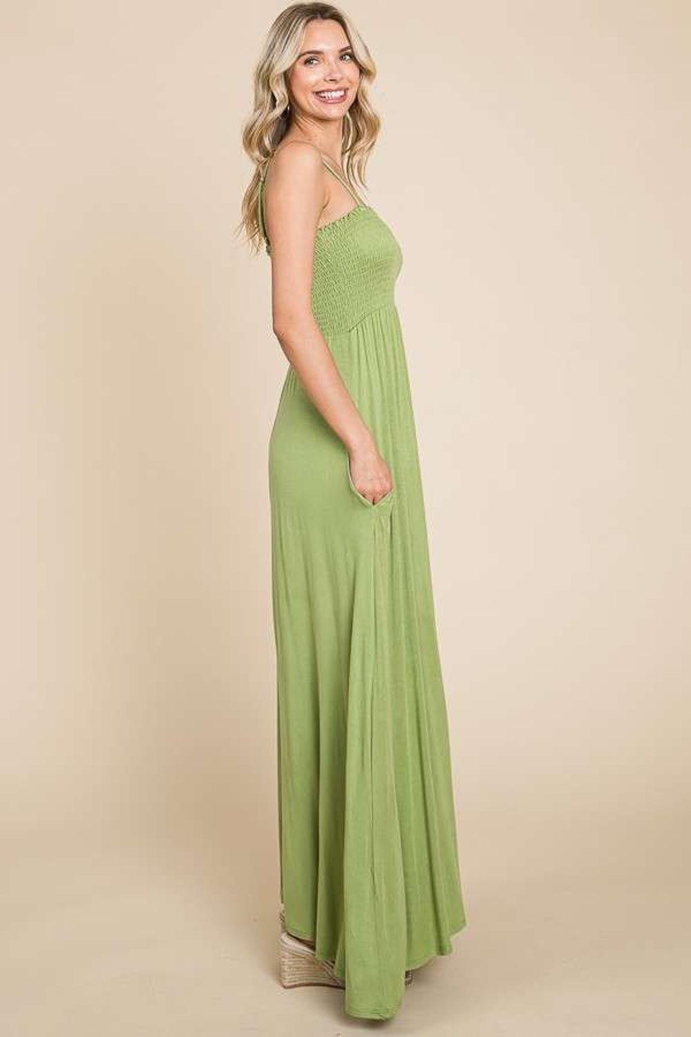 Culture CodeSmocked Cami Maxi Dress with Pockets in Happy Olive