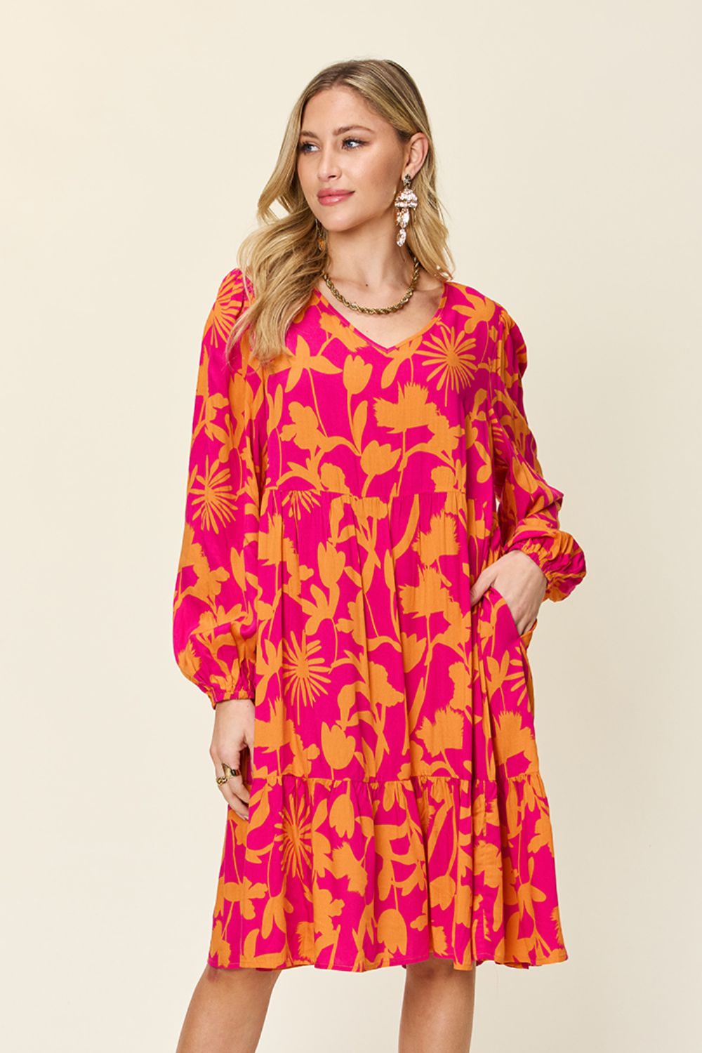 Double TakeFloral Print Ruffle Hem Long Sleeve Knee - Length Dress