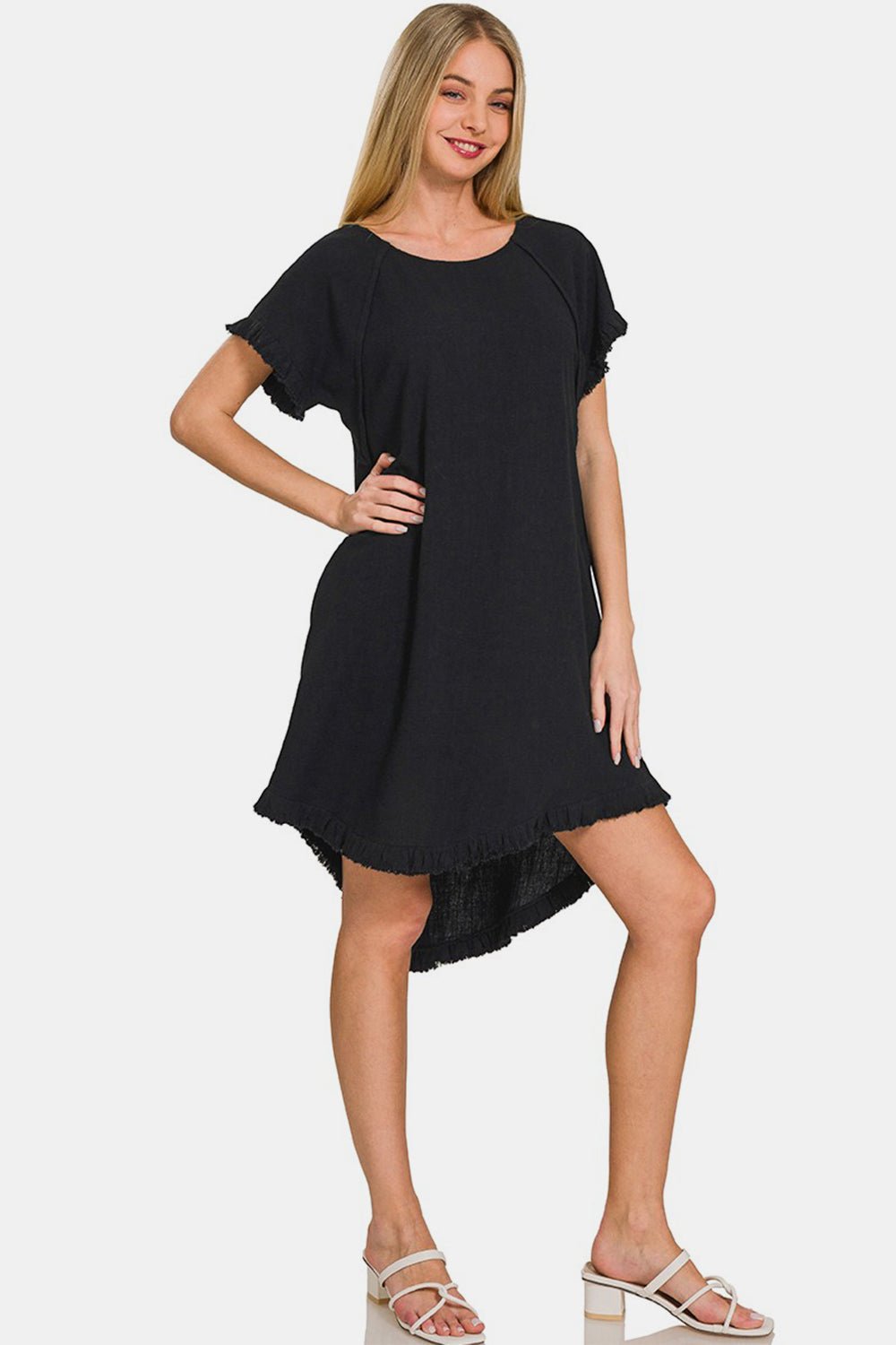 ZenanaFringe Edge High Low Flowy Mini Dress with Pockets in Black