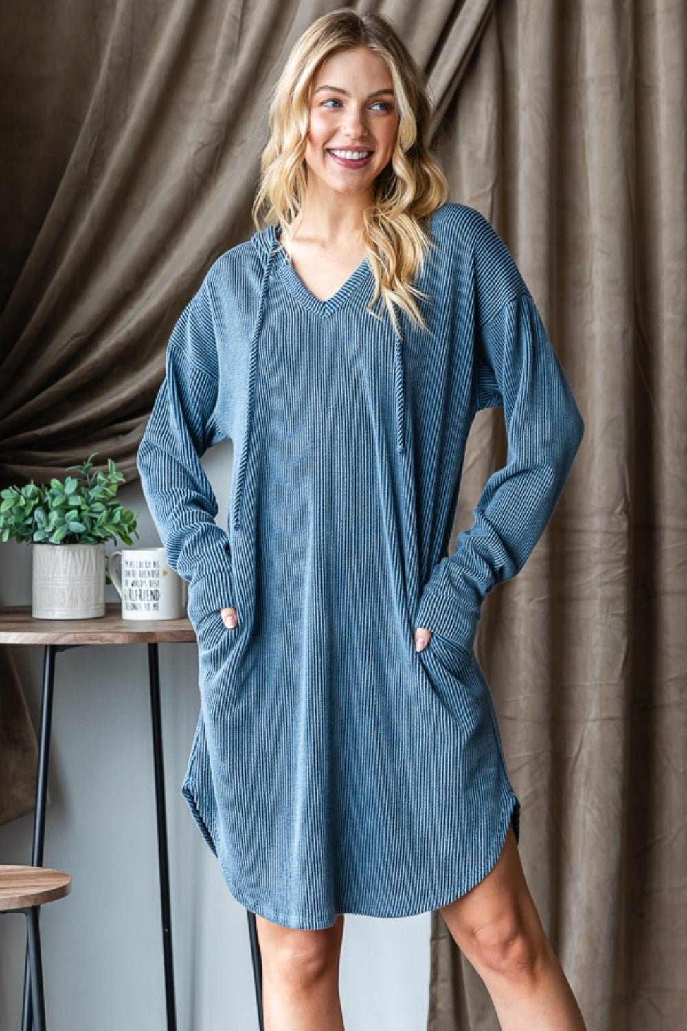 HeimishRib Knit Long Sleeve Hooded Knee - Length Dress in Dark Denim Blue