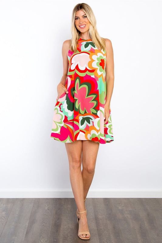 BE StageFloral Sleeveless Mini Dress with Pockets in Coral