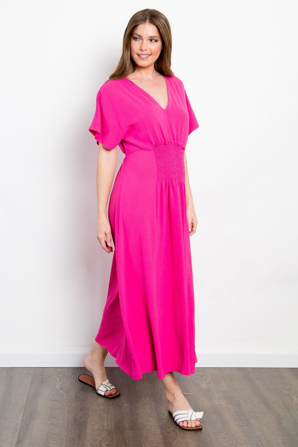 BE StageSmocked Waist Short Sleeve Maxi Dress in Fuchsia