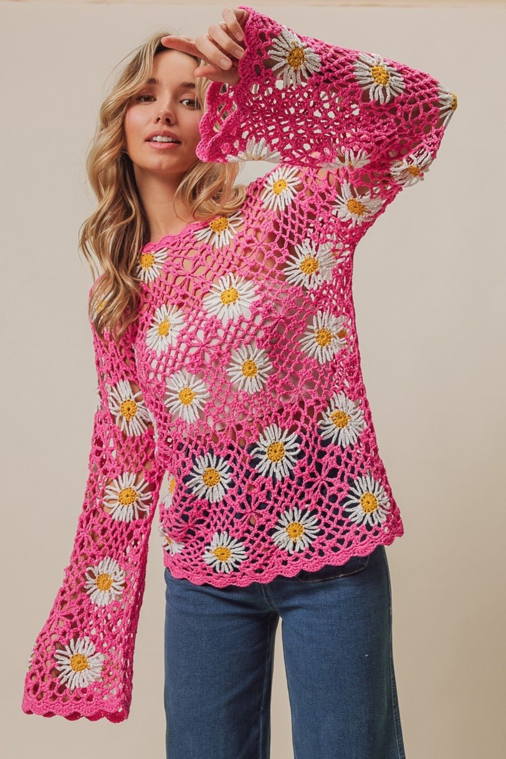 BiBiDaisy Crochet Lace Top in Fuchsia