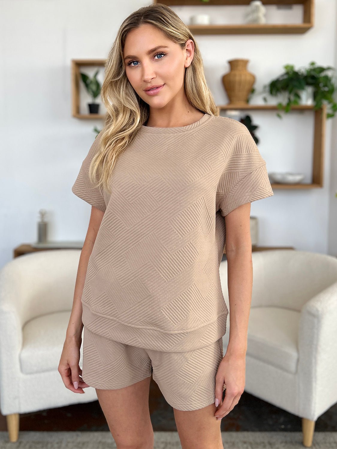 Double TakeTextured Short Sleeve T - Shirt and Drawstring Shorts Set