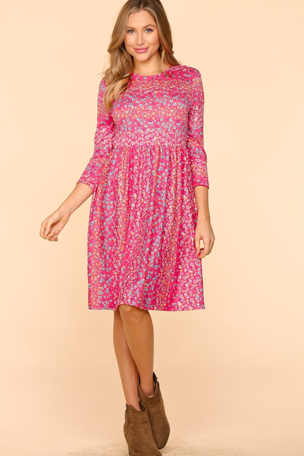 HapticsThree - Quarter Sleeve Floral Midi Dress with Pockets in Fuchsia