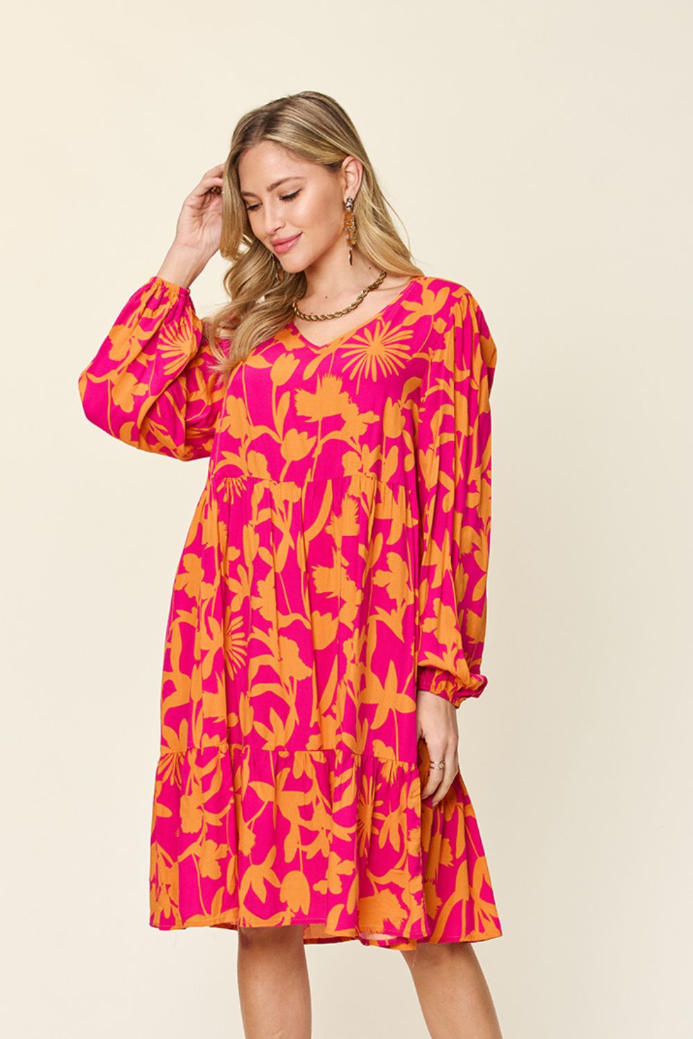 Double TakeFloral Print Ruffle Hem Long Sleeve Knee - Length Dress