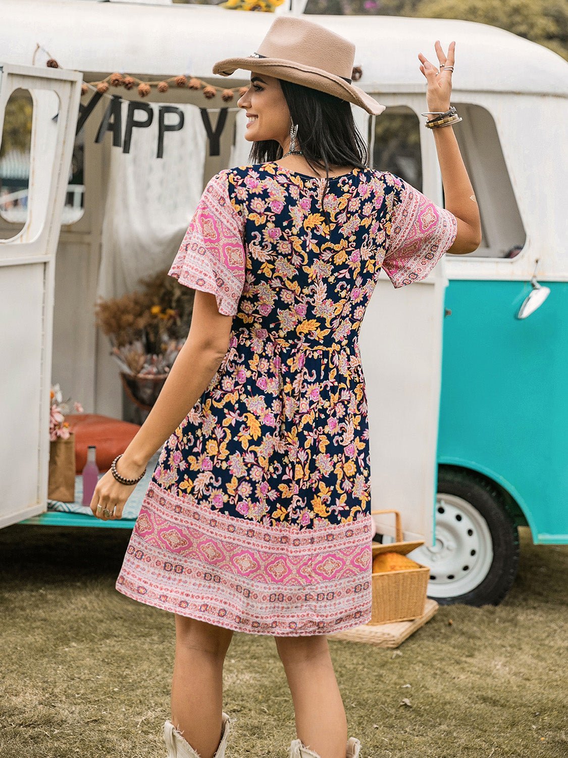 Beach Rose Co.Floral Print V - Neck Short Sleeve Mini Dress in Blush Pink