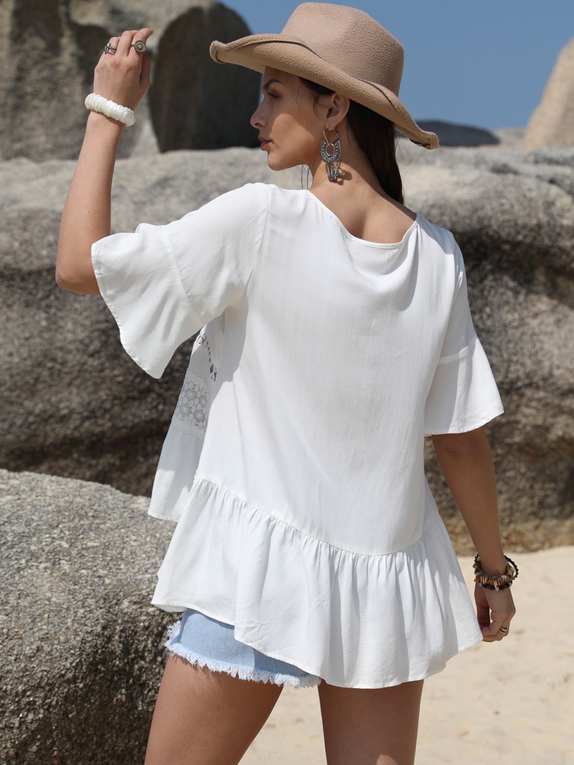 Beach Rose Co.Lace Detail Half Sleeve Peplum Blouse in White