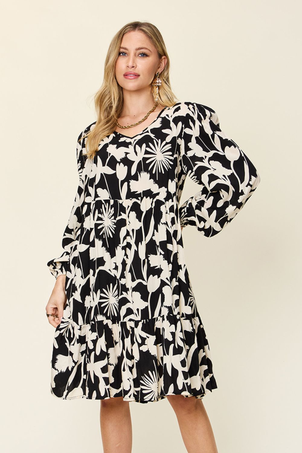 Double TakeFloral Print Ruffle Hem Long Sleeve Knee - Length Dress